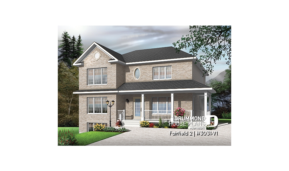 front - BASE MODEL - 3 unit apartment building plan (triplex house plan) 3 bedrooms per unit, veranda on main floor - Fairfield 2