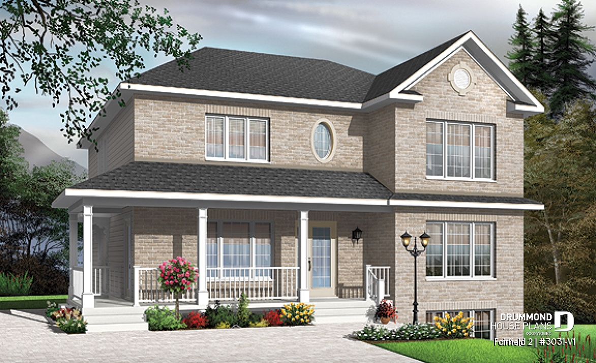 front - BASE MODEL - 3 unit apartment building plan (triplex house plan) 3 bedrooms per unit, veranda on main floor - Fairfield 2