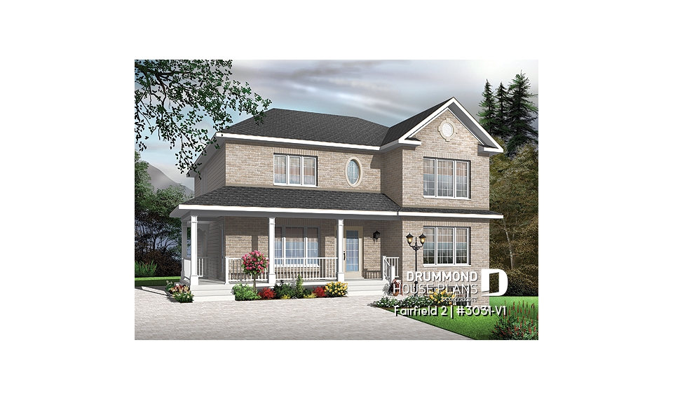 front - BASE MODEL - 3 unit apartment building plan (triplex house plan) 3 bedrooms per unit, veranda on main floor - Fairfield 2