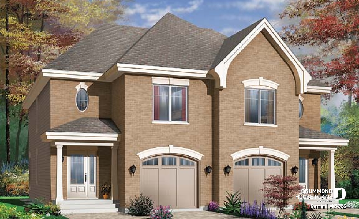 front - BASE MODEL - Duplex house plan with 3 bedrooms and garage, on each unit. - Gemini