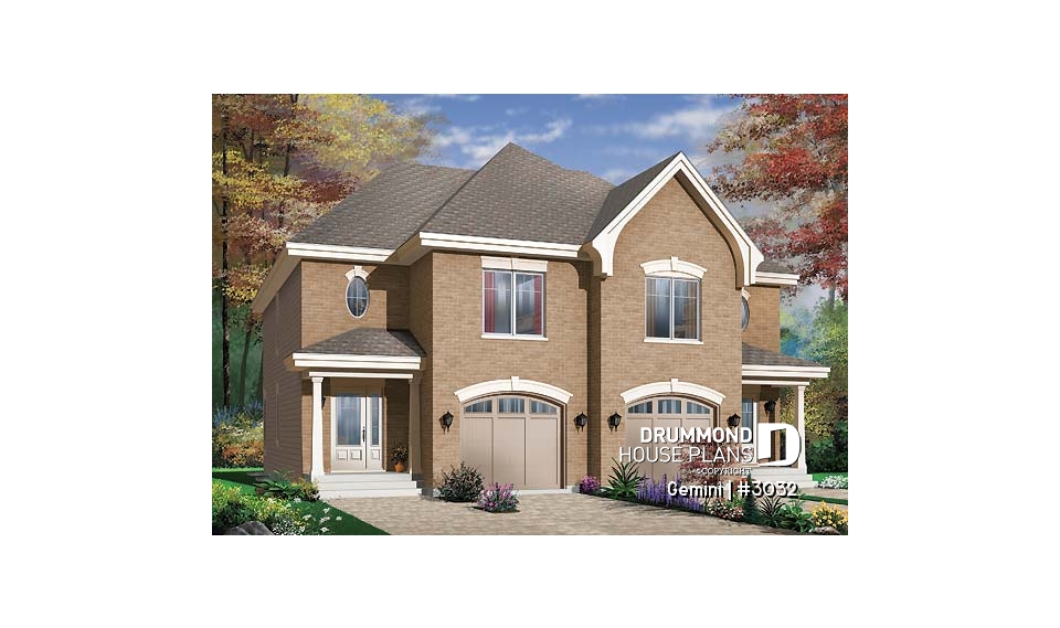 front - BASE MODEL - Duplex house plan with 3 bedrooms and garage, on each unit. - Gemini