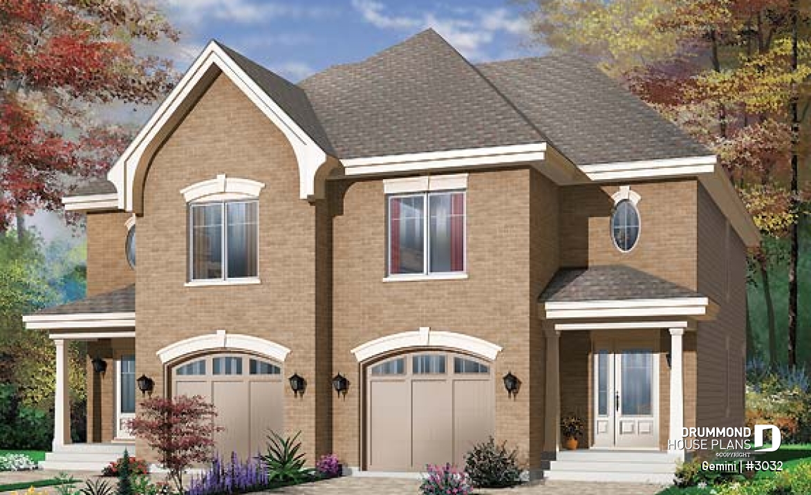 front - BASE MODEL - Duplex house plan with 3 bedrooms and garage, on each unit. - Gemini