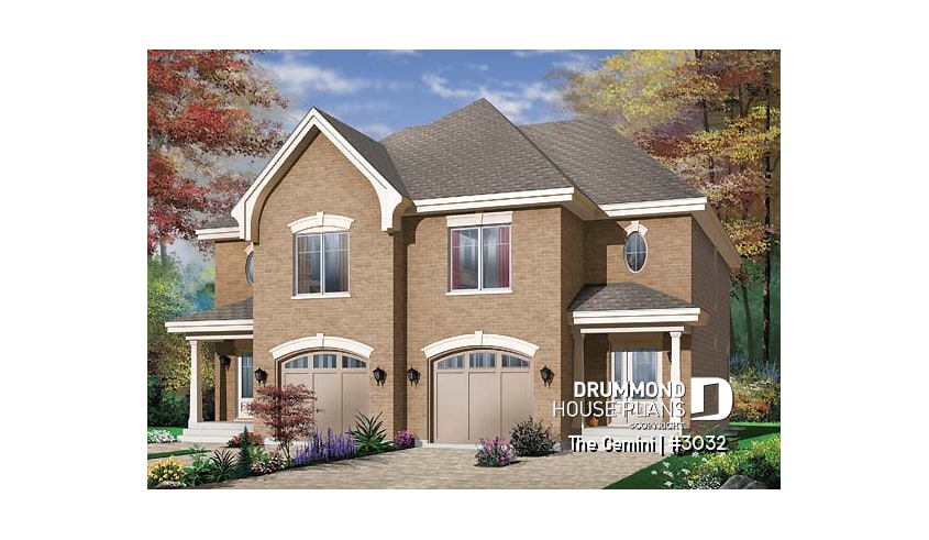 front - BASE MODEL - Duplex house plan with 3 bedrooms and garage, on each unit. - Gemini