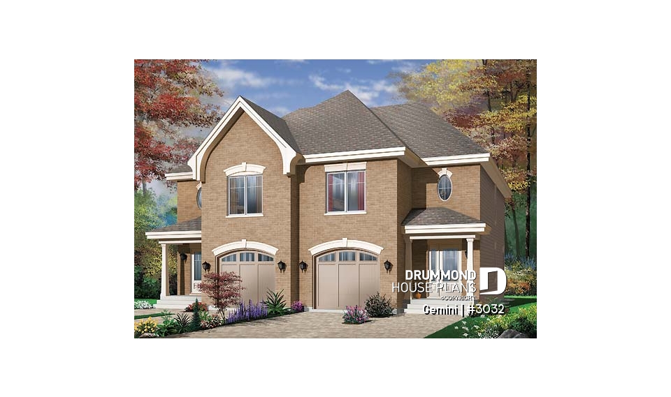 front - BASE MODEL - Duplex house plan with 3 bedrooms and garage, on each unit. - Gemini