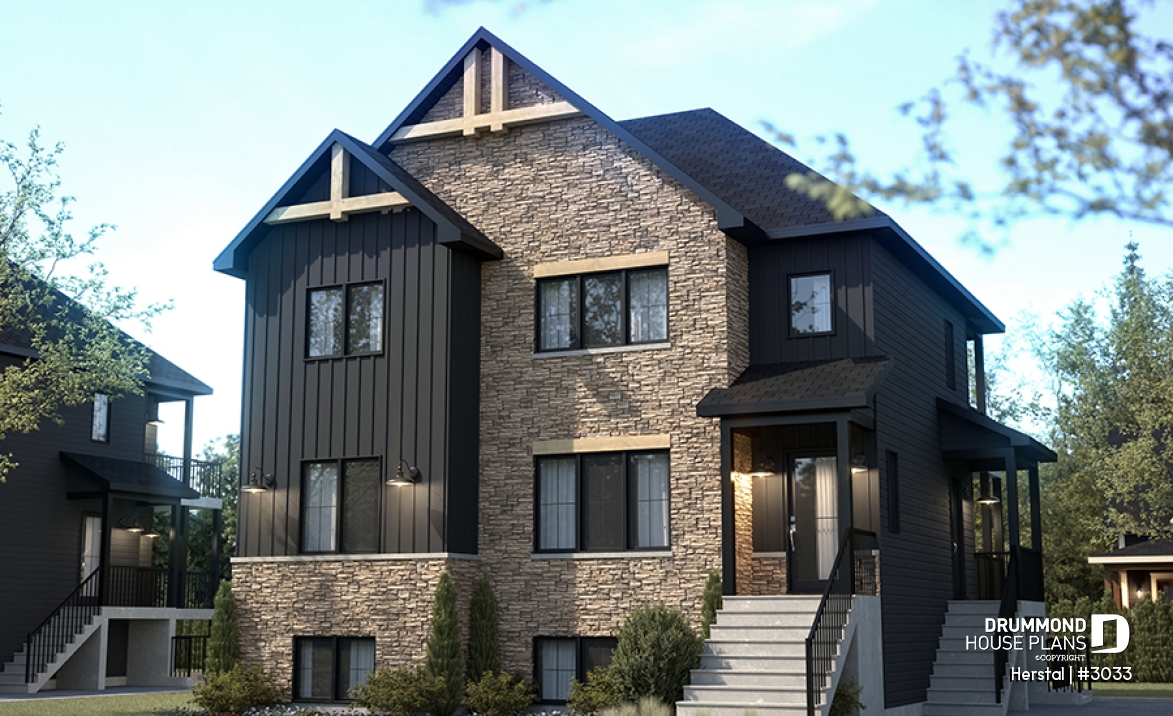 front - BASE MODEL - Triplex plan (3 Unit Multi-Plex) 2 bedrooms, 1 full bathroom and rear private terrace in each accommodation - Herstal