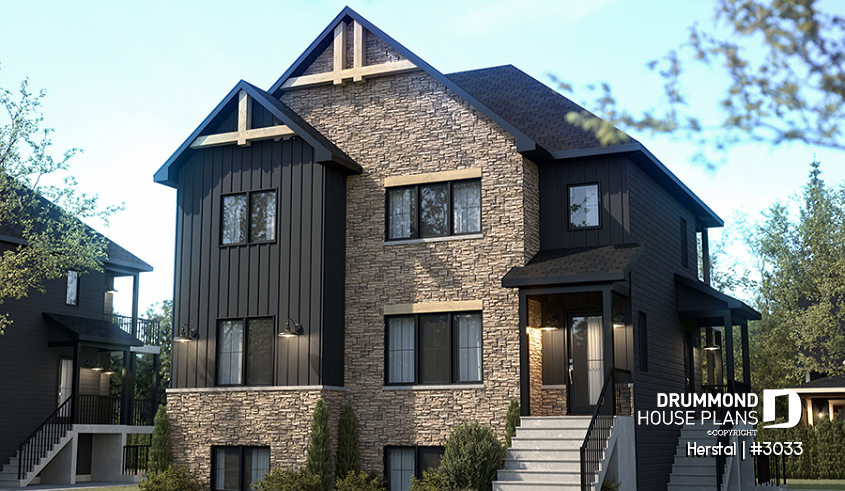 front - BASE MODEL - Triplex plan (3 Unit Multi-Plex) 2 bedrooms, 1 full bathroom and rear private terrace in each accommodation - Herstal