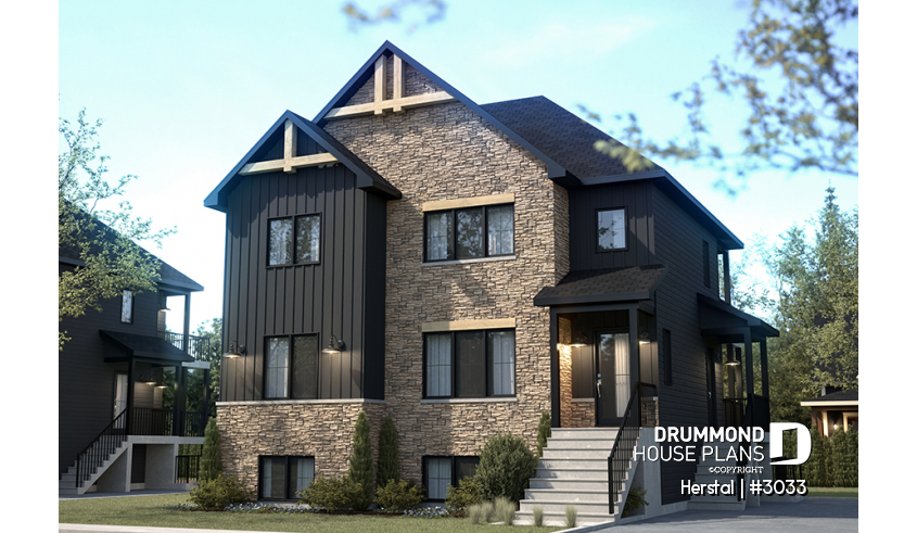 front - BASE MODEL - Triplex plan (3 Unit Multi-Plex) 2 bedrooms, 1 full bathroom and rear private terrace in each accommodation - Herstal