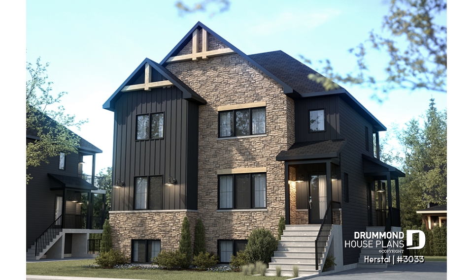 front - BASE MODEL - Triplex plan (3 Unit Multi-Plex) 2 bedrooms, 1 full bathroom and rear private terrace in each accommodation - Herstal