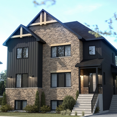 front - BASE MODEL - Triplex plan (3 Unit Multi-Plex) 2 bedrooms, 1 full bathroom and rear private terrace in each accommodation - Herstal