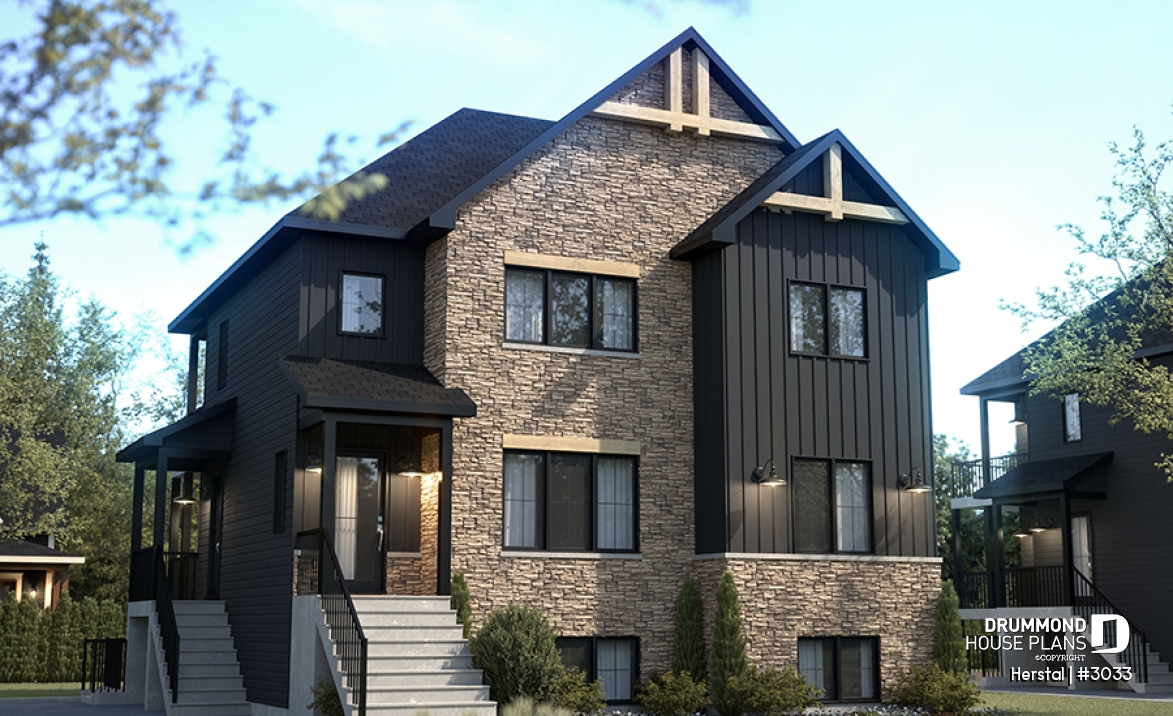 front - BASE MODEL - Triplex plan (3 Unit Multi-Plex) 2 bedrooms, 1 full bathroom and rear private terrace in each accommodation - Herstal