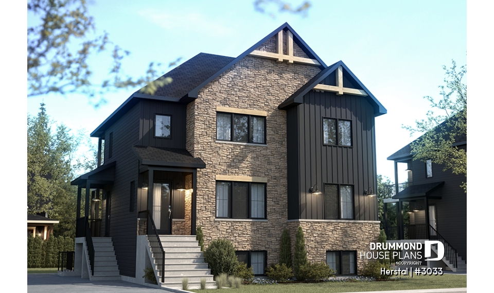 front - BASE MODEL - Triplex plan (3 Unit Multi-Plex) 2 bedrooms, 1 full bathroom and rear private terrace in each accommodation - Herstal