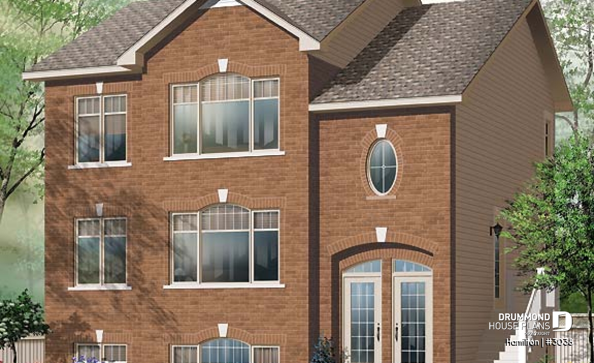 front - BASE MODEL - 3 unit apartment building plan (triplex home plan), 2 bedrooms, 1 bathroom, laundry room, kitchen w/island - Hamilton
