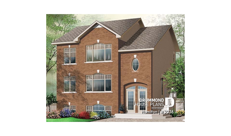 front - BASE MODEL - 3 unit apartment building plan (triplex home plan), 2 bedrooms, 1 bathroom, laundry room, kitchen w/island - Hamilton