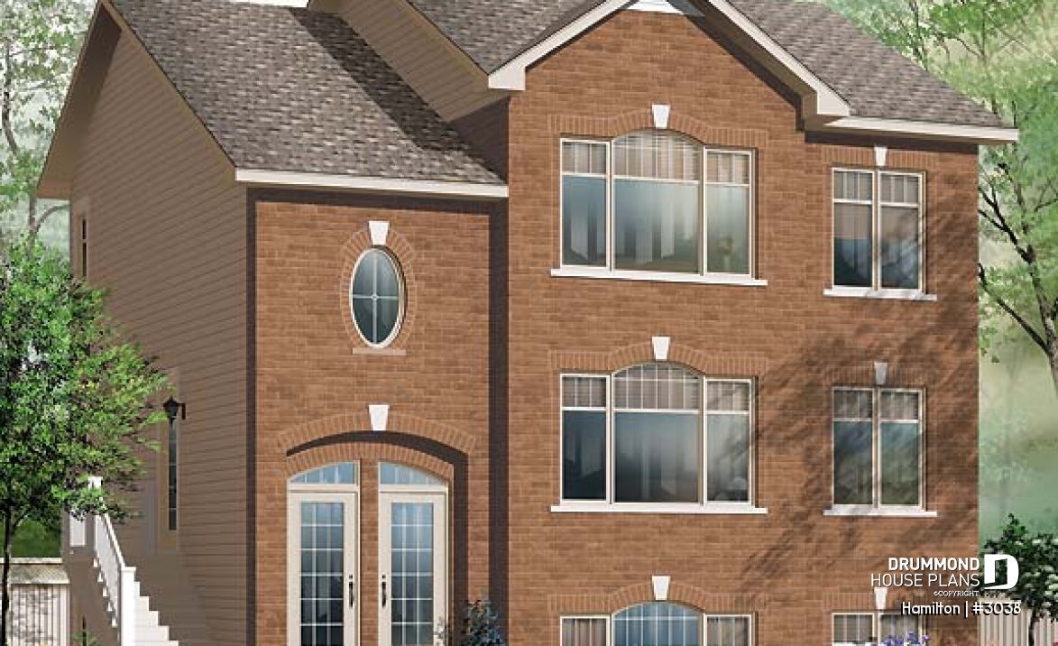 front - BASE MODEL - 3 unit apartment building plan (triplex home plan), 2 bedrooms, 1 bathroom, laundry room, kitchen w/island - Hamilton
