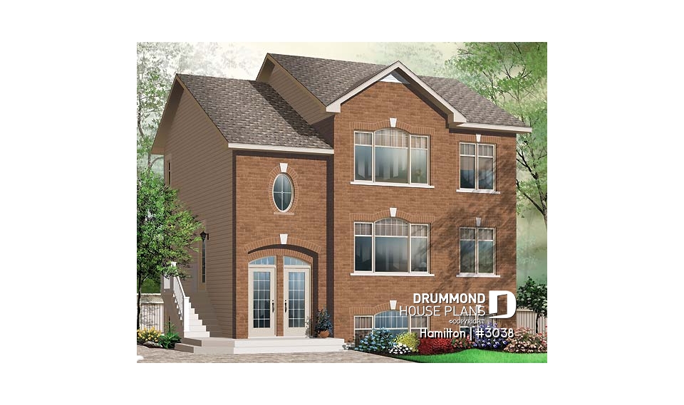 front - BASE MODEL - 3 unit apartment building plan (triplex home plan), 2 bedrooms, 1 bathroom, laundry room, kitchen w/island - Hamilton