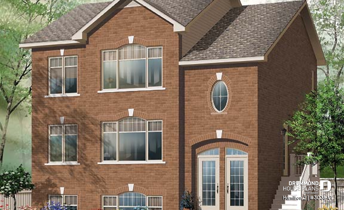 front - BASE MODEL - Large 3 unit apartment building plan, 2 bedrooms, laundry room, sheltered terrace, kitchen island - Hamilton 2