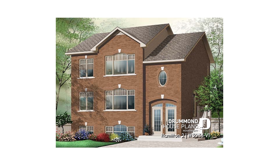 front - BASE MODEL - Large 3 unit apartment building plan, 2 bedrooms, laundry room, sheltered terrace, kitchen island - Hamilton 2
