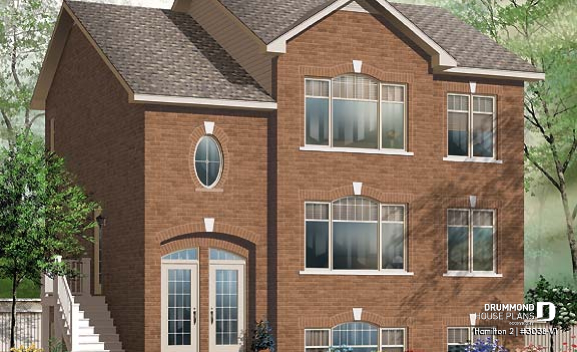 front - BASE MODEL - Large 3 unit apartment building plan, 2 bedrooms, laundry room, sheltered terrace, kitchen island - Hamilton 2