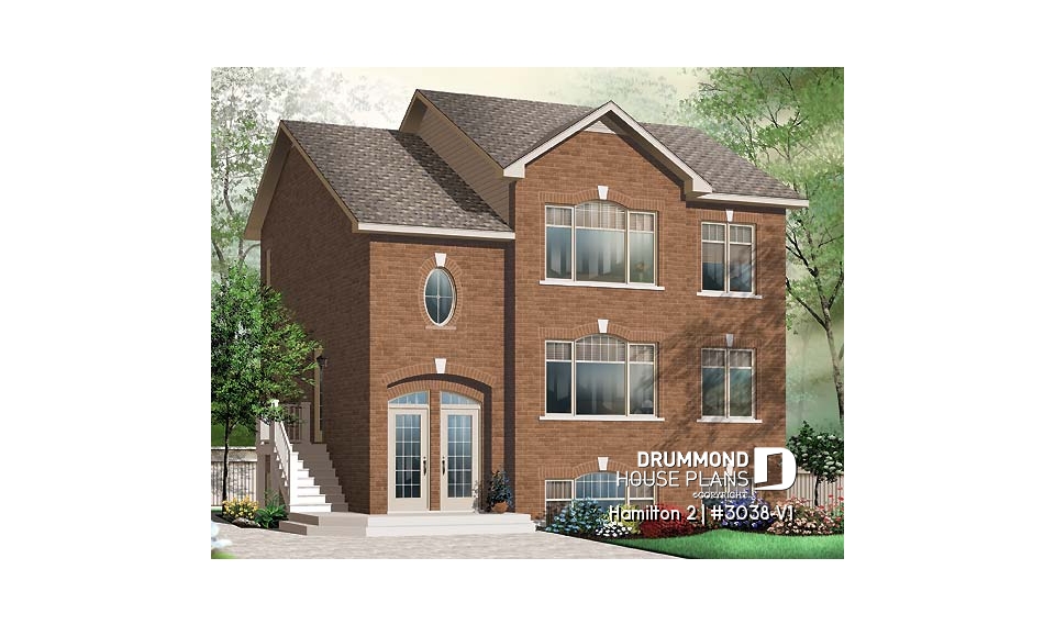 front - BASE MODEL - Large 3 unit apartment building plan, 2 bedrooms, laundry room, sheltered terrace, kitchen island - Hamilton 2