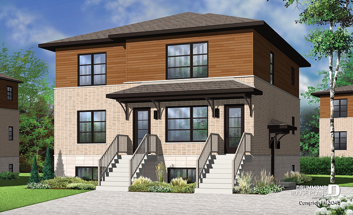 front - BASE MODEL - 3 unit apartment building plan with 2 beds, pantry, balcony and laundry closet on each unit - Compton