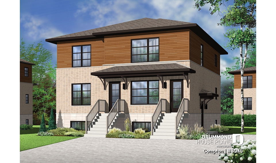 front - BASE MODEL - 3 unit apartment building plan with 2 beds, pantry, balcony and laundry closet on each unit - Compton