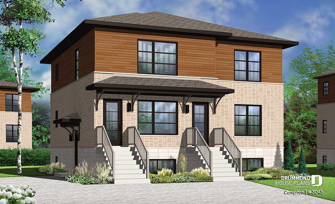 front - BASE MODEL - 3 unit apartment building plan with 2 beds, pantry, balcony and laundry closet on each unit - Compton