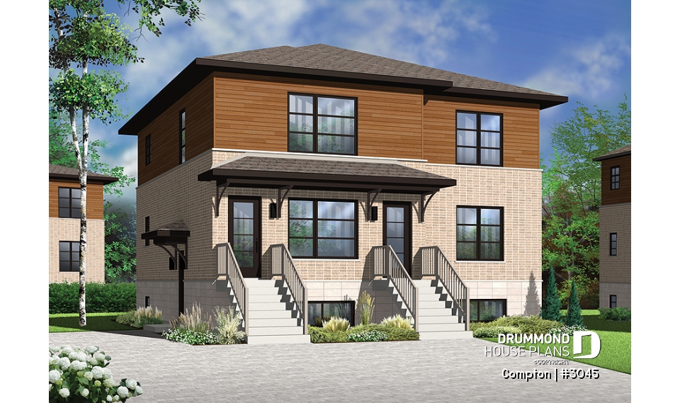 front - BASE MODEL - 3 unit apartment building plan with 2 beds, pantry, balcony and laundry closet on each unit - Compton