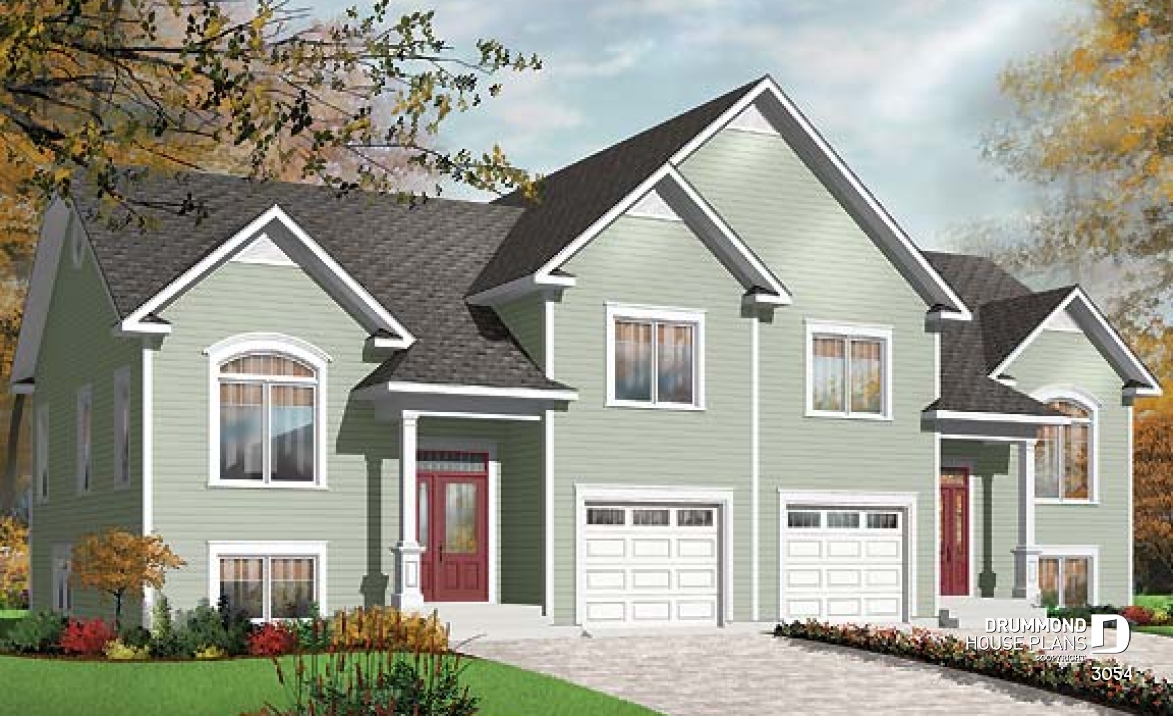 front - BASE MODEL - Duplex house plan with open floor plan concept, 3 bedrooms and garage for each unit - 