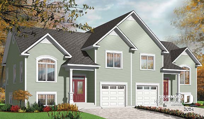 front - BASE MODEL - Duplex house plan with open floor plan concept, 3 bedrooms and garage for each unit - 