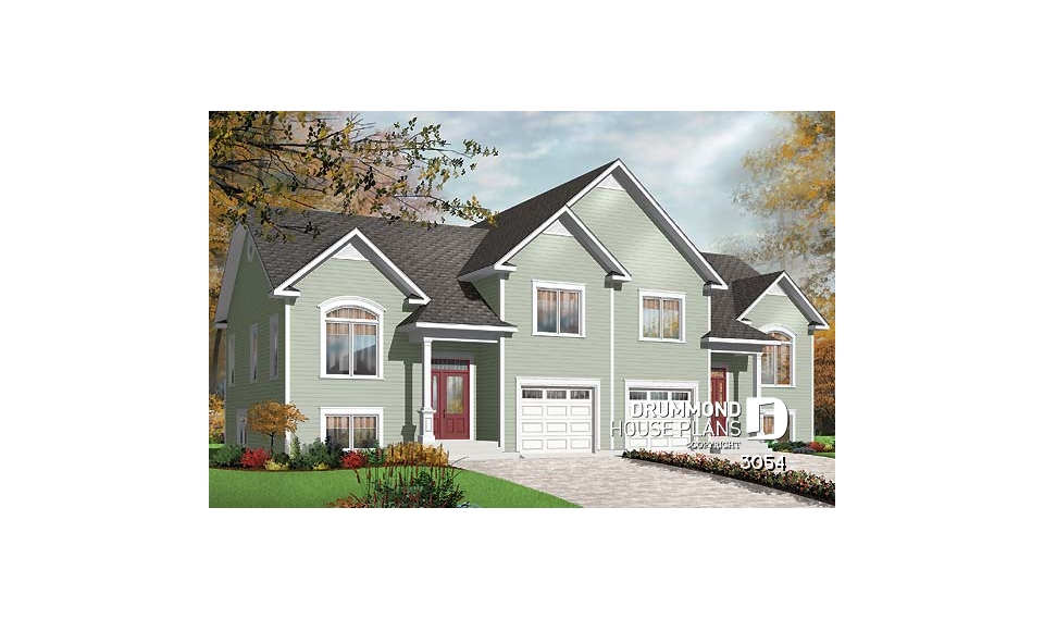 front - BASE MODEL - Duplex house plan with open floor plan concept, 3 bedrooms and garage for each unit - 