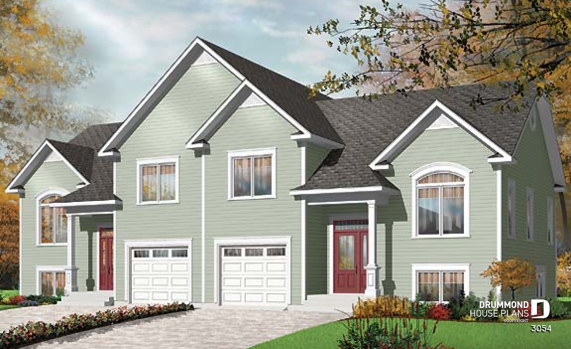 front - BASE MODEL - Duplex house plan with open floor plan concept, 3 bedrooms and garage for each unit - 