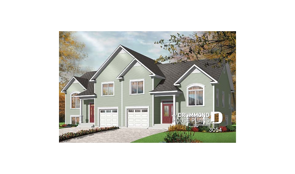 front - BASE MODEL - Duplex house plan with open floor plan concept, 3 bedrooms and garage for each unit - 