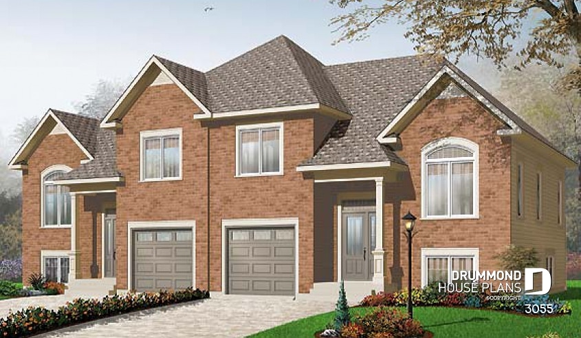 front - BASE MODEL - Duplex house plan with 3 bedrooms and 2 family rooms per unit, open floor plan and lots of storage - 