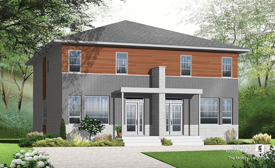 front - BASE MODEL - Modern duplex plan, 3 bedrooms per unit, laundry room on main floor, master suite, open concept - The Mallory 
