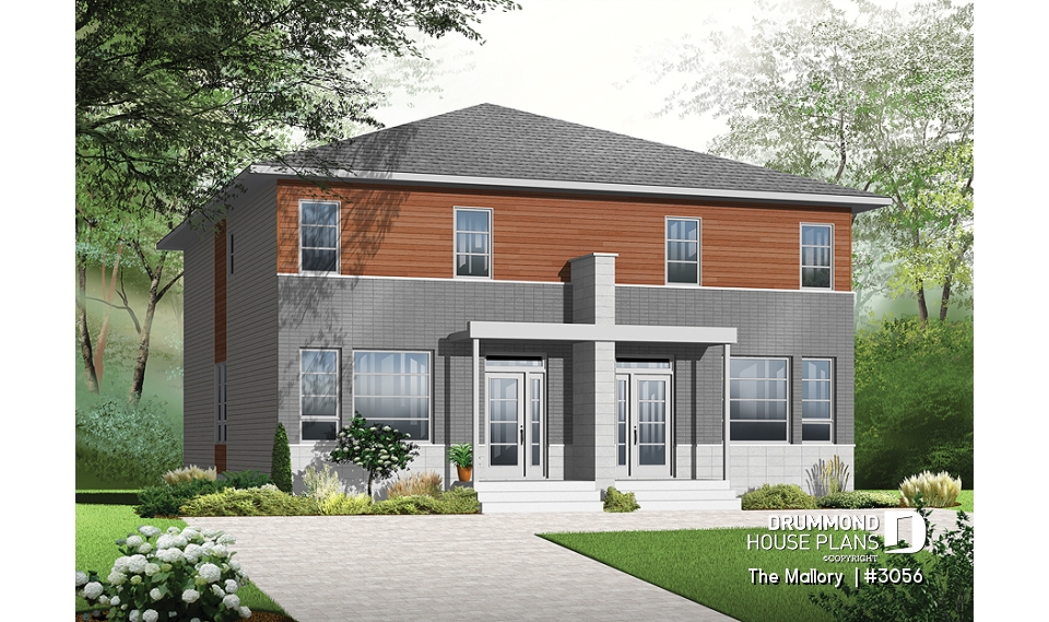 front - BASE MODEL - Modern duplex plan, 3 bedrooms per unit, laundry room on main floor, master suite, open concept - The Mallory 