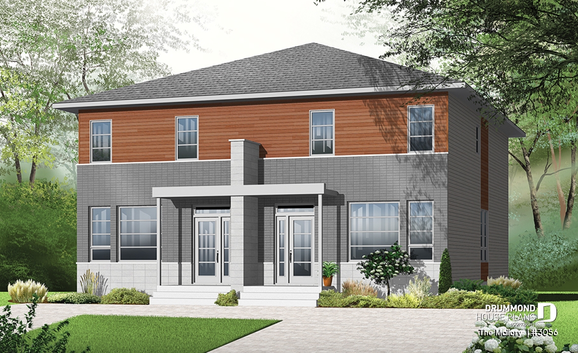 front - BASE MODEL - Modern duplex plan, 3 bedrooms per unit, laundry room on main floor, master suite, open concept - The Mallory 