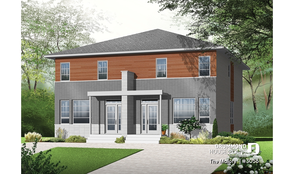 front - BASE MODEL - Modern duplex plan, 3 bedrooms per unit, laundry room on main floor, master suite, open concept - The Mallory 