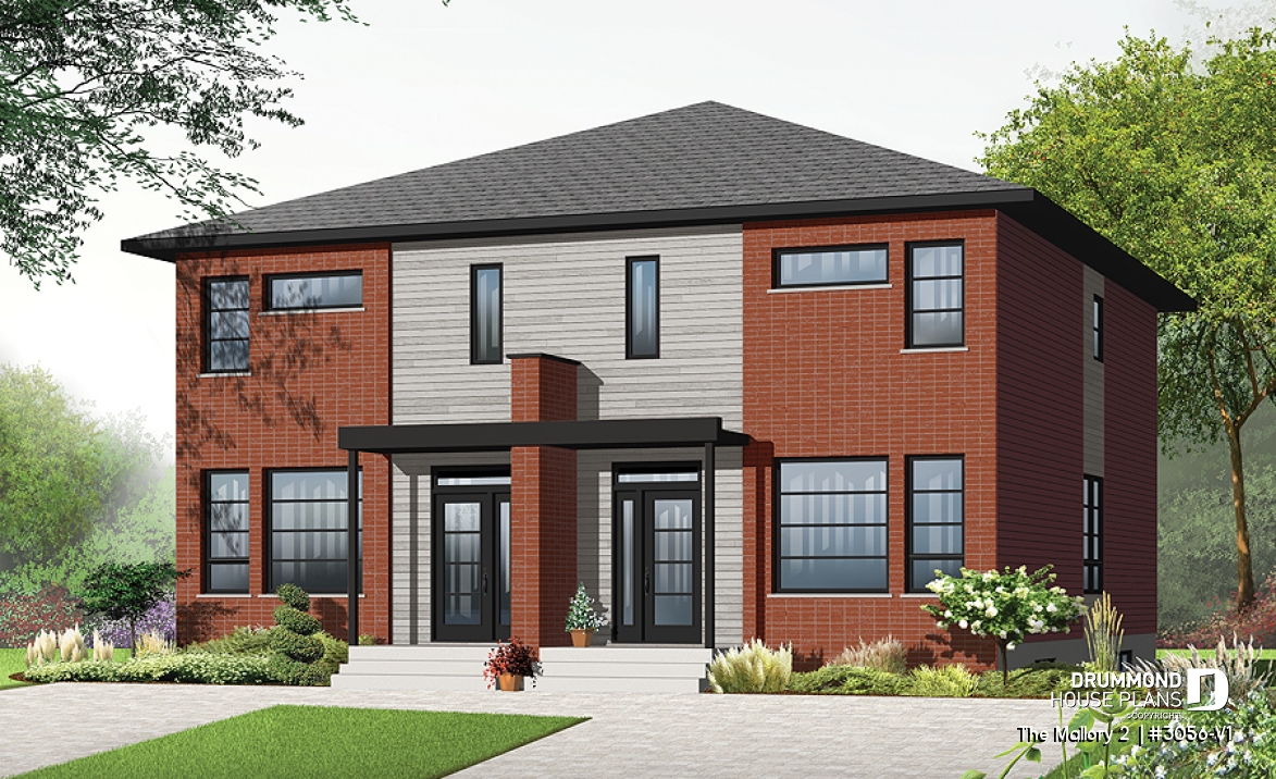 front - BASE MODEL - Contemporary duplex house plan, 2 or 3 bedroom option, ensuite, 2 kitchen options with large kitchen island - The Mallory 2 