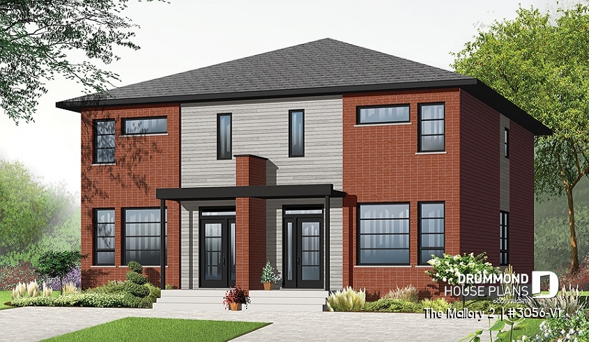 front - BASE MODEL - Contemporary duplex house plan, 2 or 3 bedroom option, ensuite, 2 kitchen options with large kitchen island - The Mallory 2 