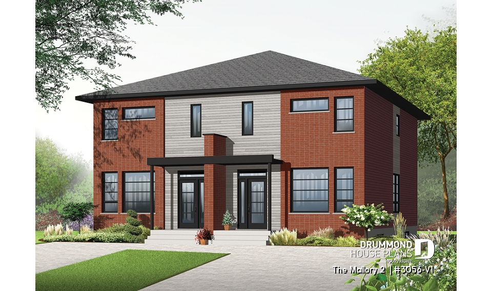 front - BASE MODEL - Contemporary duplex house plan, 2 or 3 bedroom option, ensuite, 2 kitchen options with large kitchen island - The Mallory 2 