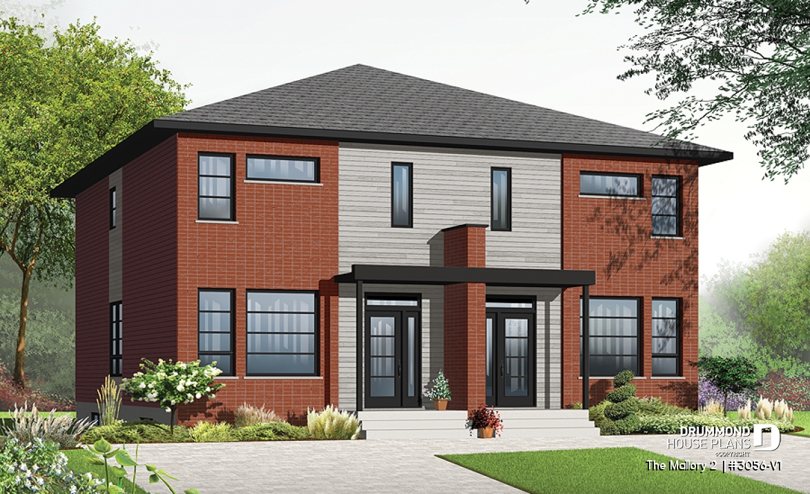 front - BASE MODEL - Contemporary duplex house plan, 2 or 3 bedroom option, ensuite, 2 kitchen options with large kitchen island - The Mallory 2 