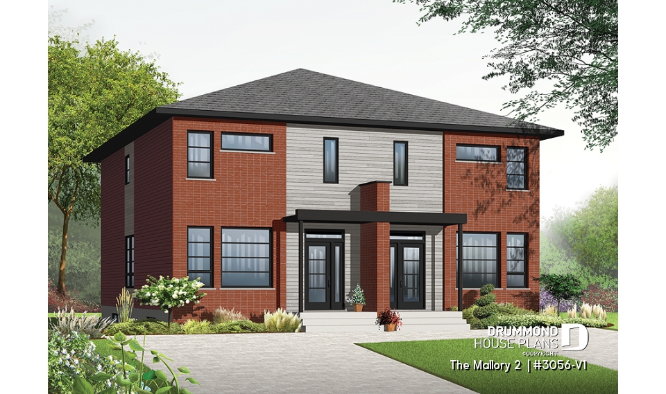 front - BASE MODEL - Contemporary duplex house plan, 2 or 3 bedroom option, ensuite, 2 kitchen options with large kitchen island - The Mallory 2 
