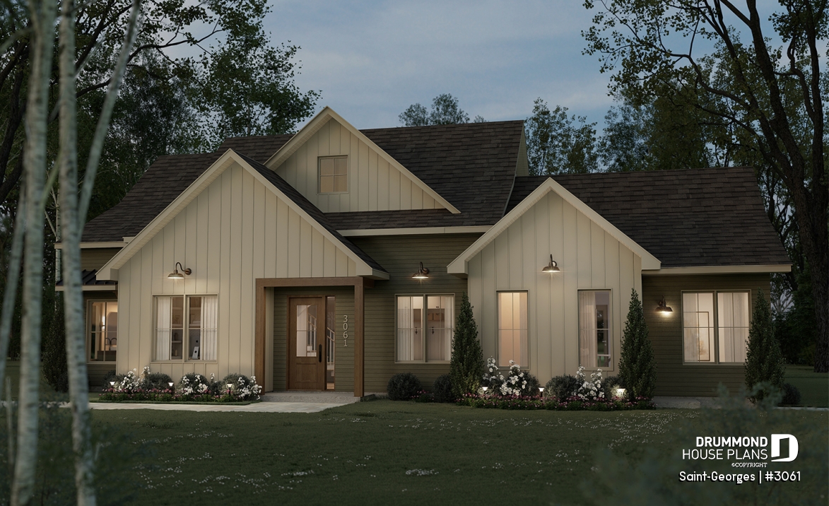 front - BASE MODEL - Intergenerational home plan featuring 3 bedrooms and a covered terrace for the main unit. - Saint-Georges
