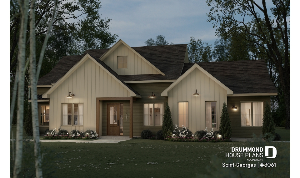 front - BASE MODEL - Intergenerational home plan featuring 3 bedrooms and a covered terrace for the main unit. - Saint-Georges