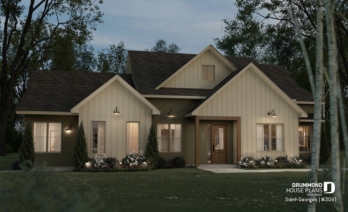 front - BASE MODEL - Intergenerational home plan featuring 3 bedrooms and a covered terrace for the main unit. - Saint-Georges