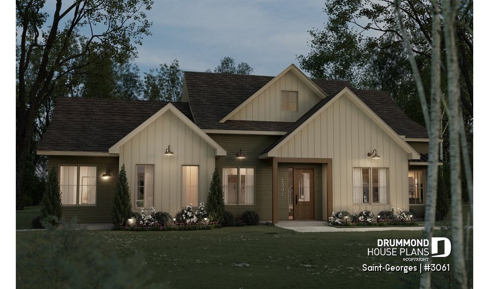 front - BASE MODEL - Intergenerational home plan featuring 3 bedrooms and a covered terrace for the main unit. - Saint-Georges