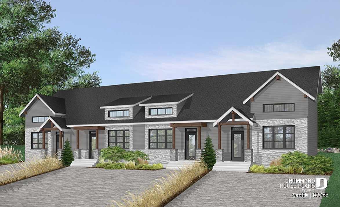 Color version 7 - Front - 4 unit multi plex plan, 3 to 4 bedroom, cathedral ceiling, two-sided fireplace, various kitchen design options - Seattle