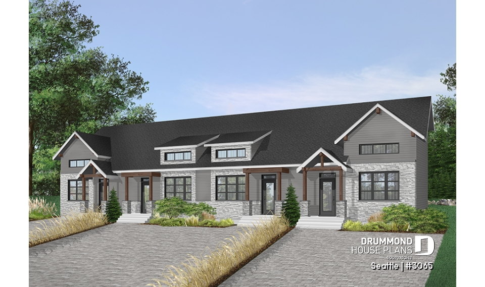 Color version 7 - Front - 4 unit multi plex plan, 3 to 4 bedroom, cathedral ceiling, two-sided fireplace, various kitchen design options - Seattle