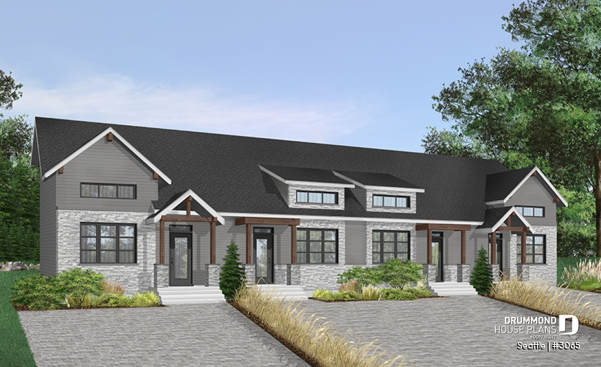 Color version 7 - Front - 4 unit multi plex plan, 3 to 4 bedroom, cathedral ceiling, two-sided fireplace, various kitchen design options - Seattle