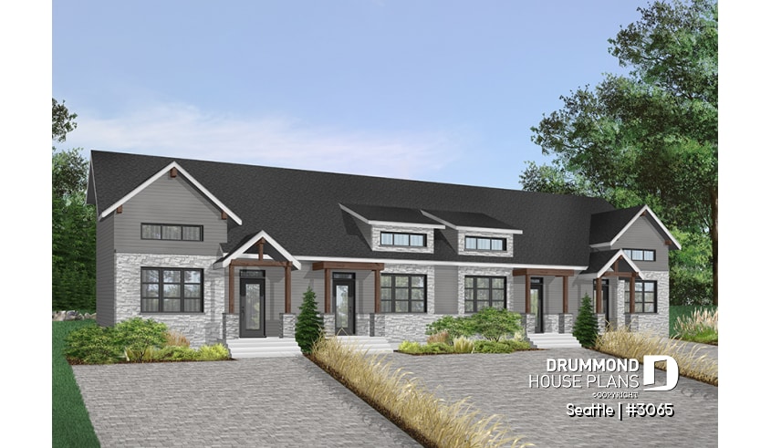 Color version 7 - Front - 4 unit multi plex plan, 3 to 4 bedroom, cathedral ceiling, two-sided fireplace, various kitchen design options - Seattle